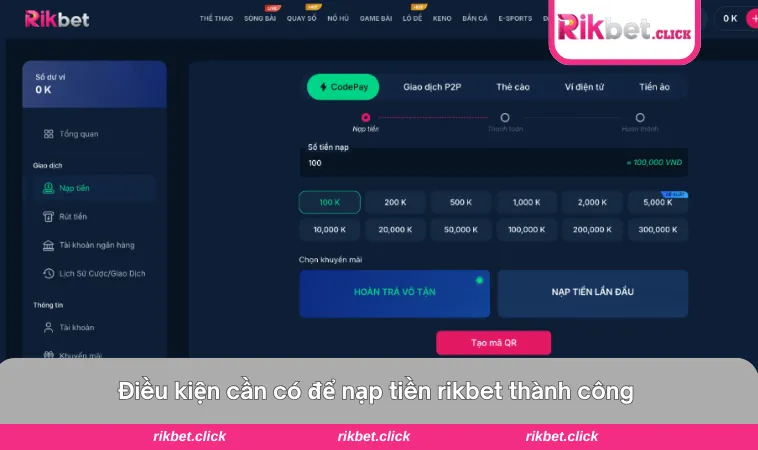 Nạp Tiền Rikbet 1 Giao diện xác minh tài khoản và thông tin ngân hàng sau khi nạp tiền